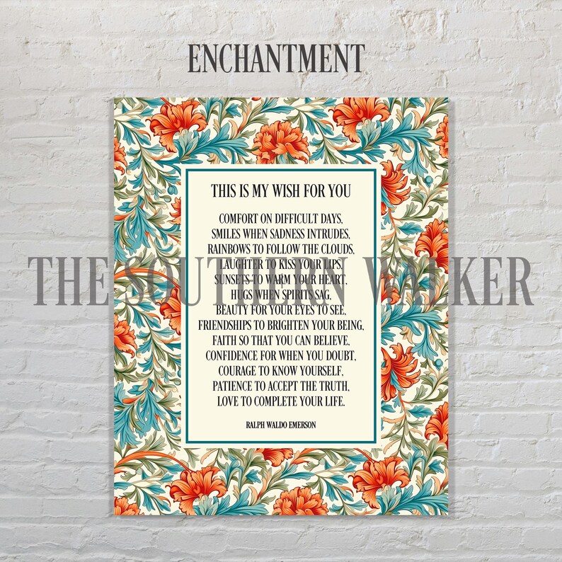Puede incluir: Una impresi&oacute;n enmarcada con el texto "This is my wish for you" rodeada de un dise&ntilde;o floral. El patr&oacute;n floral presenta flores naranjas y hojas verde azulado sobre un fondo crema. La palabra "ENCHANTMENT" est&aacute; en la parte superior.