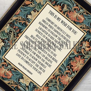 Puede incluir: Una impresi&oacute;n enmarcada con un centro color crema con texto inspirador. El marco tiene un borde negro con un patr&oacute;n floral decorativo en tonos naranja, verde azulado y dorado. El texto incluye una cita de Ralph Waldo Emerson.