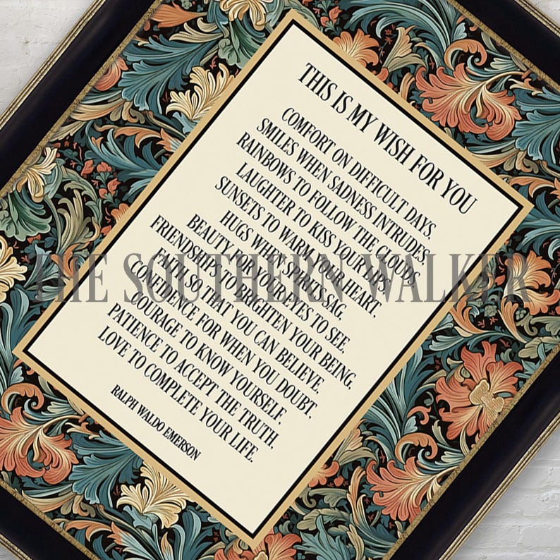 Puede incluir: Una impresi&oacute;n enmarcada con un centro color crema con texto inspirador. El marco tiene un borde negro con un patr&oacute;n floral decorativo en tonos naranja, verde azulado y dorado. El texto incluye una cita de Ralph Waldo Emerson.