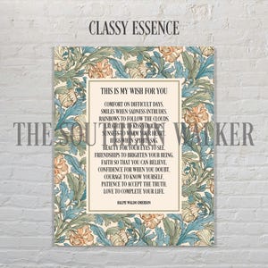 Puede incluir: Una impresi&oacute;n decorativa con el texto "This is My Wish For You" de Ralph Waldo Emerson. La impresi&oacute;n presenta un dise&ntilde;o floral en tonos azules, naranjas y verdes, con las palabras "Classy Essence" y "The Southern Walker".
