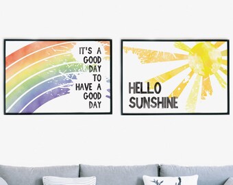 Hello Sunshine Watercolour Set of 2 Art Prints, Rainbow Positive Quotes, Nursery Art Decor, Classroom Wall Art