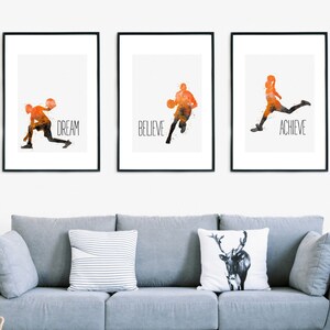Dream Believe Achieve, Basketball Poster, Watercolour Inspirational Art Printable, Minimalist Basketball Wall Art