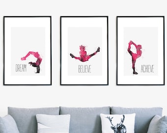 Dream Believe Achieve, Cheerleading Poster, Watercolour Inspirational Art Printable, Minimalist Cheerleader Wall Art