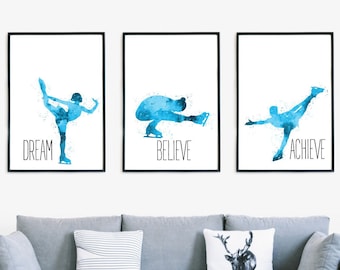 Dream Believe Achieve, Set of 3, Figure Skating Poster, Watercolour Inspirational Art Printable, Minimalist Ice Skating Wall Art
