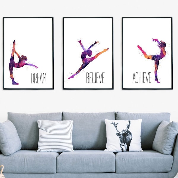 Dream Believe Achieve, Artistic Gymnastics Poster, Watercolour Inspirational Art Printable, Minimalist Gymnastics Wall Art