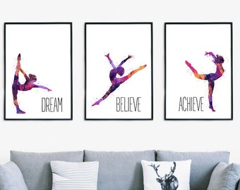 Dream Believe Achieve, Artistic Gymnastics Poster, Watercolour Inspirational Art Printable, Minimalist Gymnastics Wall Art