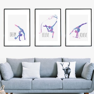 Dream Believe Achieve, Rhythmic Gymnastics Poster, Watercolour Inspirational Art Printable, Minimalist Gymnastics Wall Art