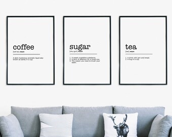 Coffee Tea Sugar Set of 3 Definition Art Print, Coffee and Tea Art Decor, Minimalist Wall Art