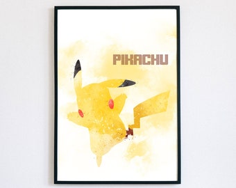 Pikachu Watercolour Poster, Digital Art Print, Pokemon Wall Art, Instant Printable