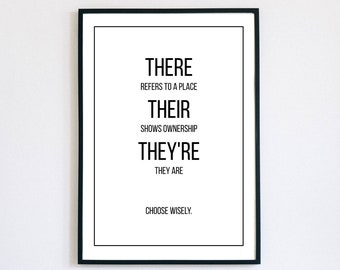 There Their They're, English Grammar Poster, Minimalist Art Print, Grammar Police, English Classroom Digital Art Print