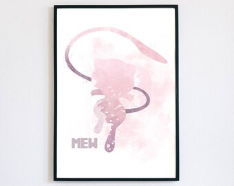 Mew Watercolour Poster, Digital Art Print, Pokemon Wall Art, Instant Printable