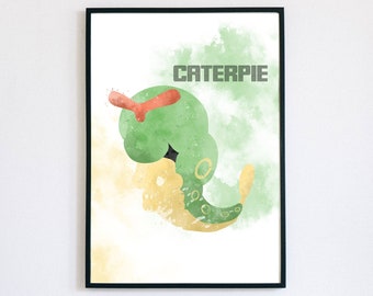 Caterpie Watercolour Poster, Digital Art Print, Pokemon Wall Art, Instant Printable