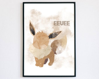 Eevee Watercolour Poster, Digital Art Print, Pokemon Wall Art, Instant Printable