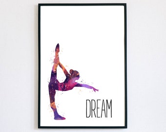 Affiche de gymnastique artistique de rêve, aquarelle d’art inspirante imprimable, art mural de gymnastique minimaliste