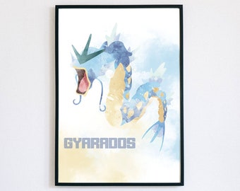 Gyarados Watercolour Poster, Digital Art Print, Pokemon Wall Art, Instant Printable