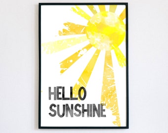 Hello Sunshine Watercolour Wall Art, Nursery Playroom Decor, Classroom Art, Instant Printable Art