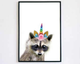 Unicorn Racoon, Cute Racoon Art, Unicorn Animals, Funny Animal Print, Minimalist Nursery Art, Digital Art Print