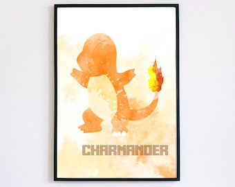 Charmander Watercolour Poster, Digital Art Print, Pokemon Wall Art, Instant Printable