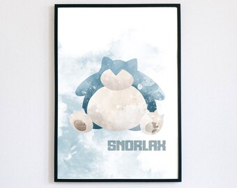 Snorlax Watercolour Poster, Digital Art Print, Pokemon Wall Art, Instant Printable