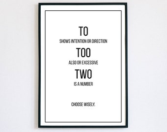 To Too Two, Englisch Grammatik Poster, Minimalistischer Kunstdruck, Grammatik Polizei, Englisch Klassenzimmer Digitaler Kunstdruck