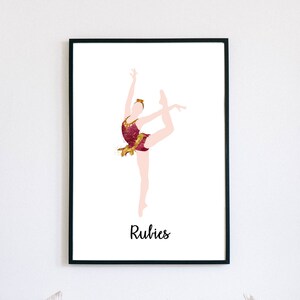 May include: Printable art featuring a stylized illustration of a dancer in a burgundy leotard with gold glitter accents. The dancer is in a pose with one leg extended and the other leg bent. The name "Rubies" is written in black below the dancer.