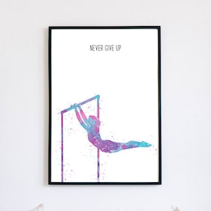 Never Give Up, Artistic Gymnastics Bar Poster, Watercolour Inspirational Art Printable, Minimalist Gymnastics Wall Art