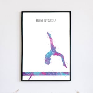 Believe in Yourself, Artistic Gymnastics Beam Poster, Watercolour Inspirational Art Printable, Minimalist Gymnastics Wall Art