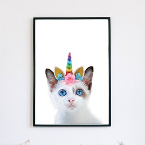 Unicorn Cat, Unicorn Kitten, Unicorn Animals, Funny Animal Print, Minimalist Nursery Art