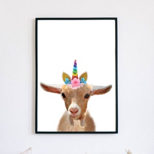 Unicorn Goat, Unicorn Animals, Funny Animal Print, Minimalist Nursery Art, Instant Printable Art image 1
