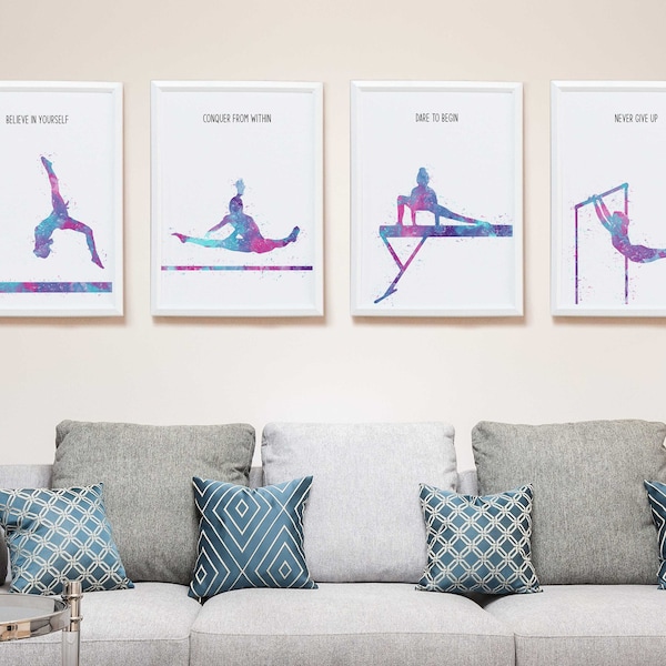 Citation de motivation, Set de 4, Affiche de gymnastique artistique, Aquarelle d’art inspirant imprimable, Art mural de gymnastique minimaliste