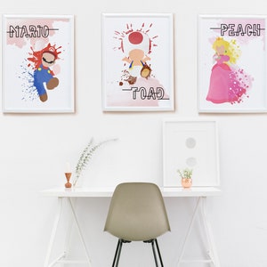 Mario, Princess Peach, Toad, Watercolor Poster, Printable Digital Art