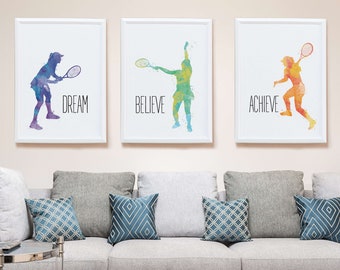 Dream Believe Achieve, Tennis Poster, Watercolour Inspirational Art Printable, Minimalist Tennis Wall Art