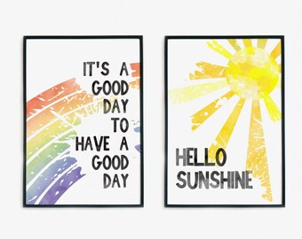 Hello Sunshine Watercolour Set of 2 Art Prints, Rainbow Positive Quotes, Nursery Art Decor, Classroom Wall Art