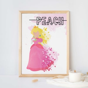 Princess Peach, Super Mario, Póster de acuarela, Impresión de arte digital