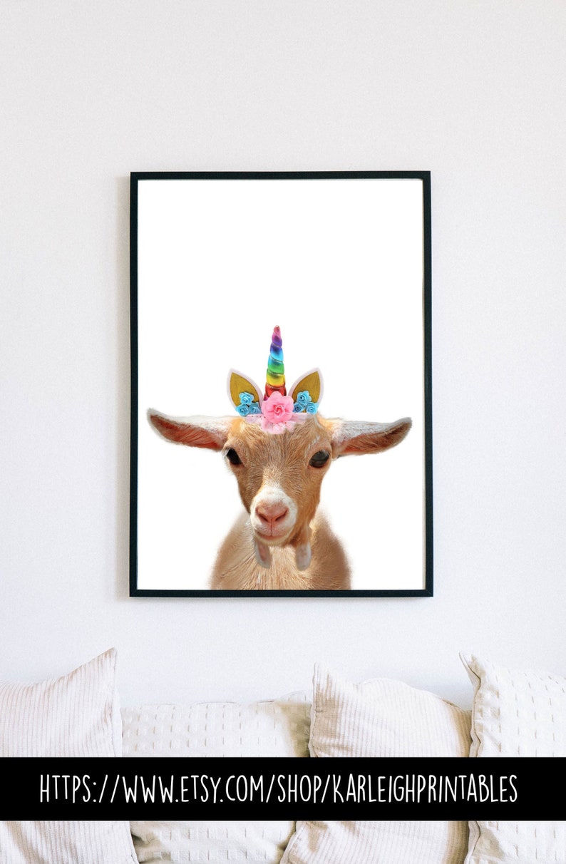 Unicorn Goat, Unicorn Animals, Funny Animal Print, Minimalist Nursery Art, Instant Printable Art image 1