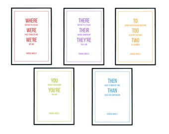 Rainbow English Classroom Grammar Posters, Set of 5, Grammar Police, Choose Wisely, Printable Art Quotes