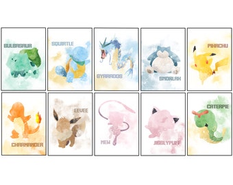 Set of 10 Pokémon Watercolour Posters, Digital Art Print, Pokemon Wall Art, Instant Printable