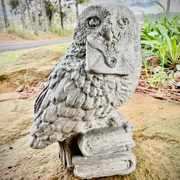 Hedwig concrete owl with letter statue gift and home or garden decor