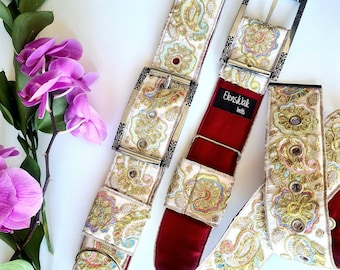 White Handembroidered Fabric Belt with Silver Buckle