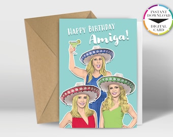Tarjeta de cumpleaños de descarga instantánea / Tarjeta PDF / Amas de casa reales / Tres amigas / Impresión fácil desde casa / Tarjetas divertidas