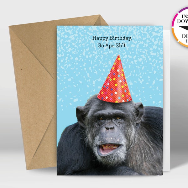 Instant Download Birthday Card | PDF Card | Monkey | Ape| Easily Print from Home | Funny Cards