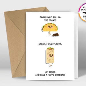 Carte d'anniversaire à téléchargement instantané | Carte PDF | Tacos | Burrito | Imprimez facilement depuis chez vous | Cartes amusantes