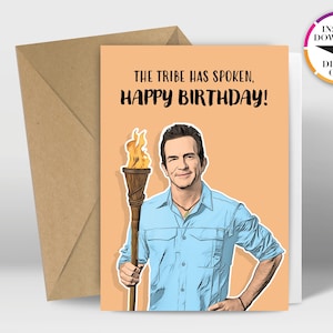 Cartão de aniversário para download instantâneo | Cartão em PDF | Sobrevivente | Jeff Probst | Imprima facilmente de casa | Cartões engraçados