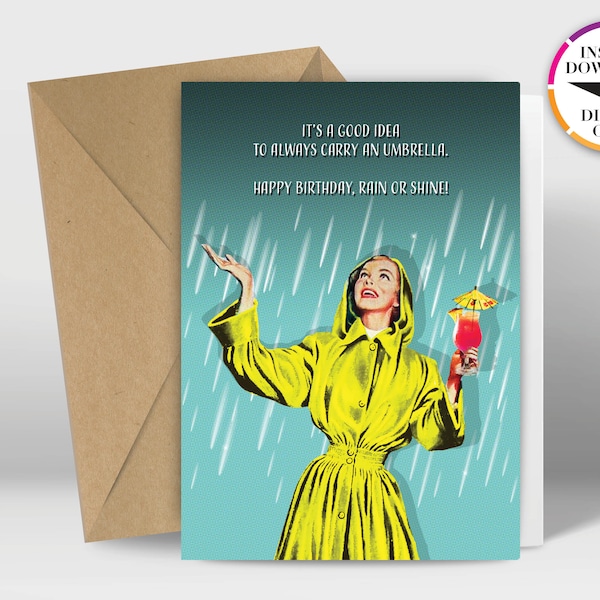 Instant Download Birthday Card | PDF Card | Retro | Cocktail Umbrella | Easily Print from Home | Funny Cards