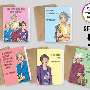 Conjunto de 5 tarjetas de cumpleaños de descarga instantánea / Tarjeta PDF / Gracias por ser un amigo / Chicas doradas / Impresión fácil desde casa / Tarjetas divertidas