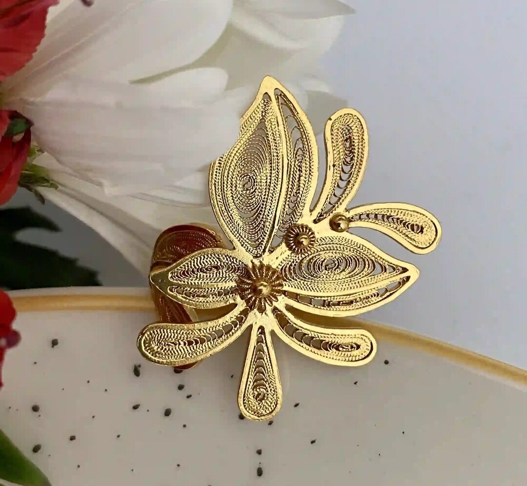 Filigree Rings Gold Plated Handmade 24K Gold-plated Filigree Ring – Adjustable Sterling Silver Art ...