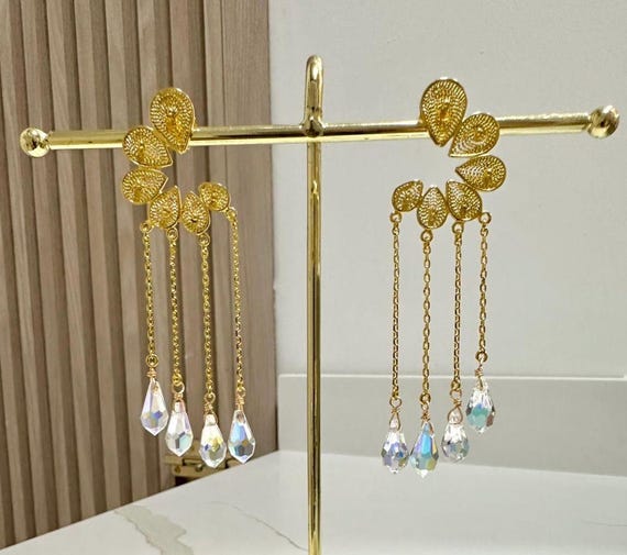 Filigree Earrings With Swarovski in Bronze With 24K Gold Plating
