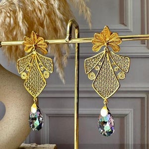 24-karaats vergulde filigraanoorbellen: druppel van Swarovski-kristal, handgemaakt Destiny