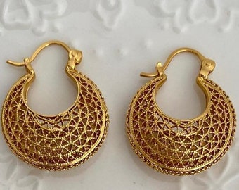 Earrings Zigzag Medium Sterling Silver Gold Plated 24k Handmade in Filigree