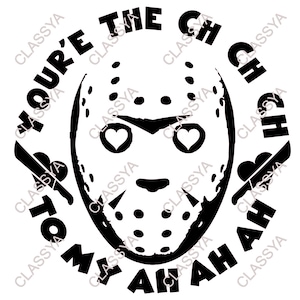 Può includere: Grafica in bianco e nero con una maschera da hockey con cuori per gli occhi e il testo "You're the CH CH CH to my AH AH AH".